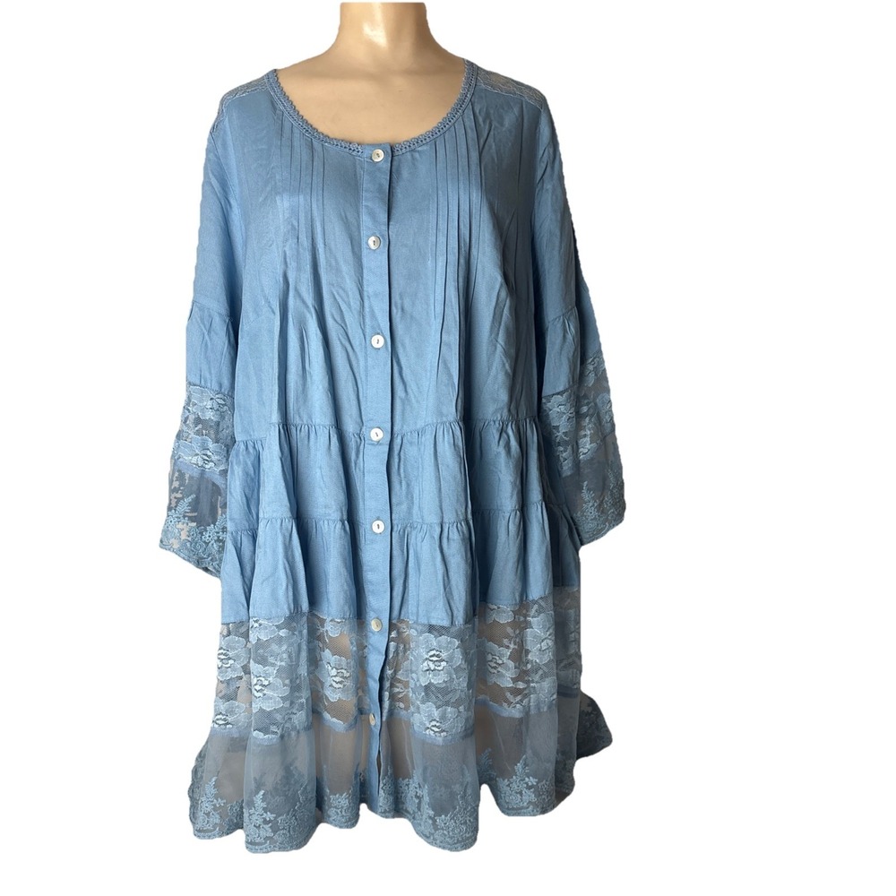 Roaman's Womens 16W Baby Blue Lace Button Up Blouse Sheer Plus Size Tunic Top